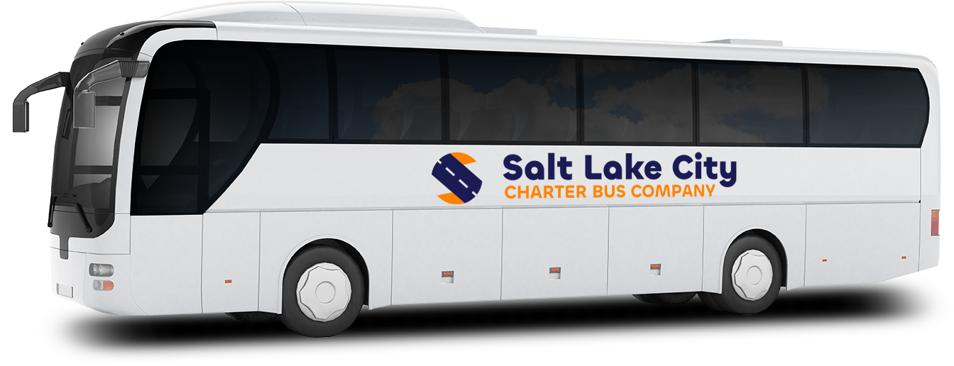 a plain white charter bus with a "Salt Lake City Charter Bus Company" logo
